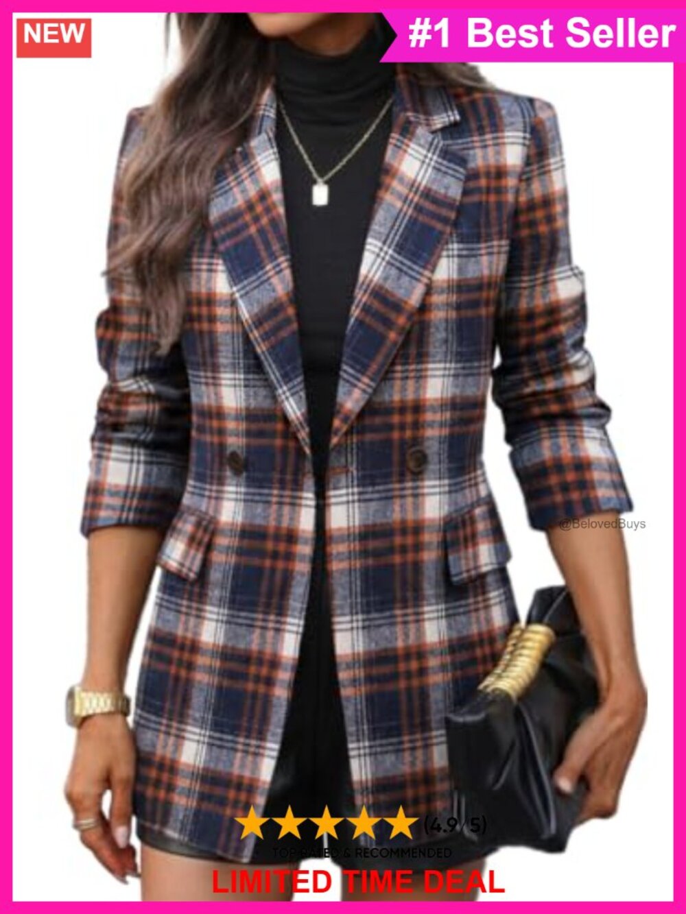 Houndstooth Plaid Tweed Double-Breasted Blazer Long Slim Fit